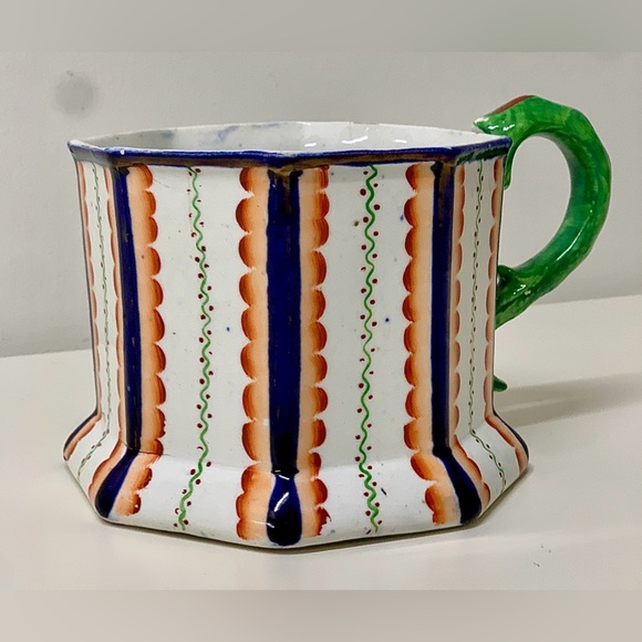 c. 1820 Antique Gaudy Welsh Octagonal Serpent Handle Harvest Cup Frog Mug - Picture 9 of 16